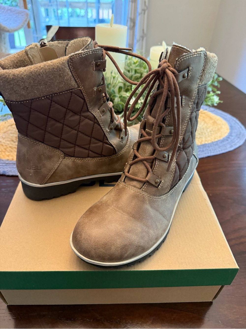 JBU Quilted Brown Lace-Up Ankle Boots with Side Zipper